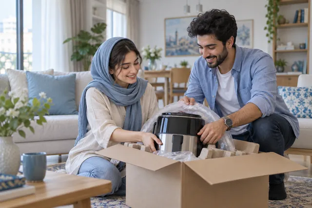 زوج جوانی که جعبهٔ یک وسیلهٔ آشپزخانه را باز میکنند