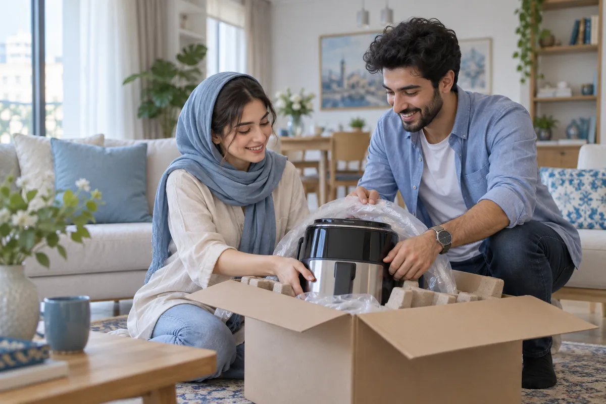 زوج جوانی که جعبهٔ یک وسیلهٔ آشپزخانه را باز میکنند